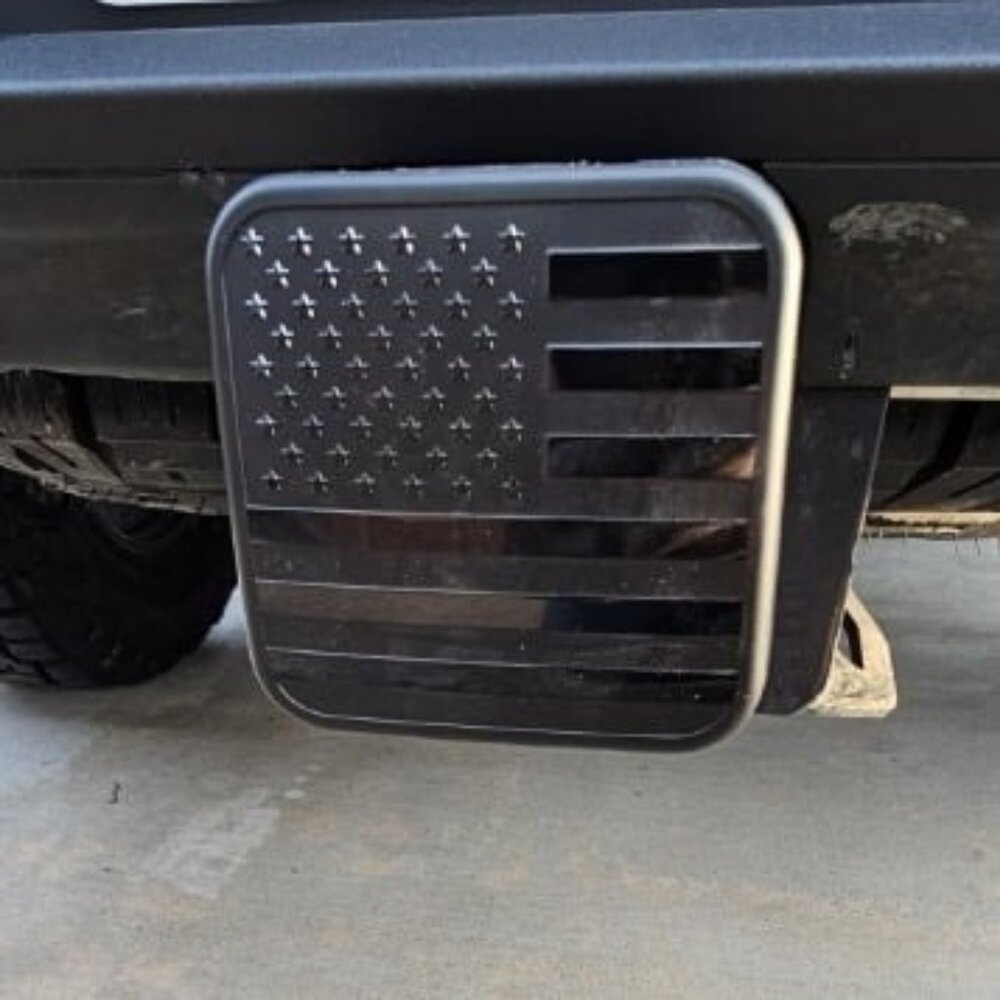 USA Black Metal Flag Hitch Plug Cover, Fits 2" Receiver